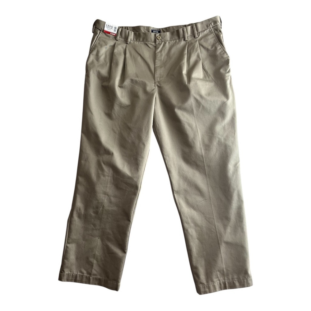 IZOD Men's Tan Chino Pants BIG & TALL 46x32 Non-Iron Classic Fit Doble Pleat.